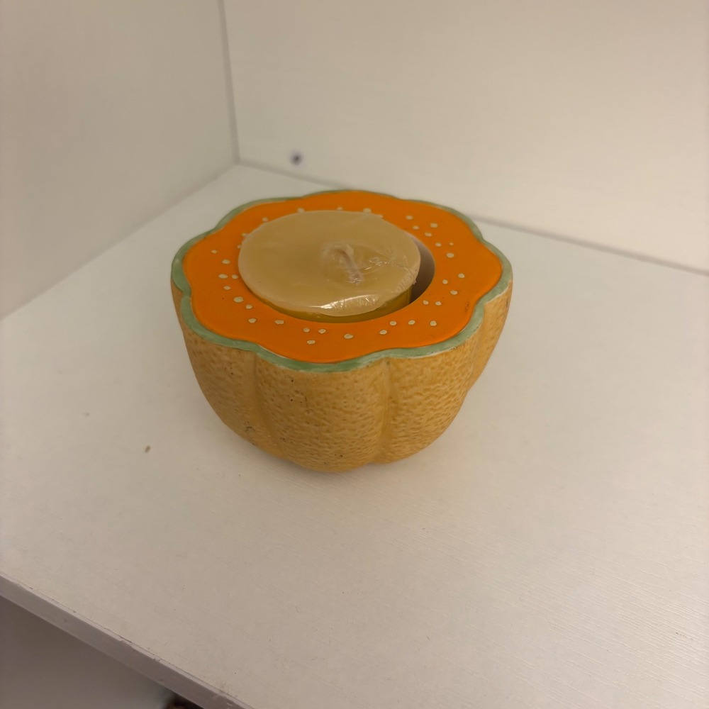 PartyLite Cantaloupe Melon Votive Candle Holder Ceramic Fruit Decor Orange Green